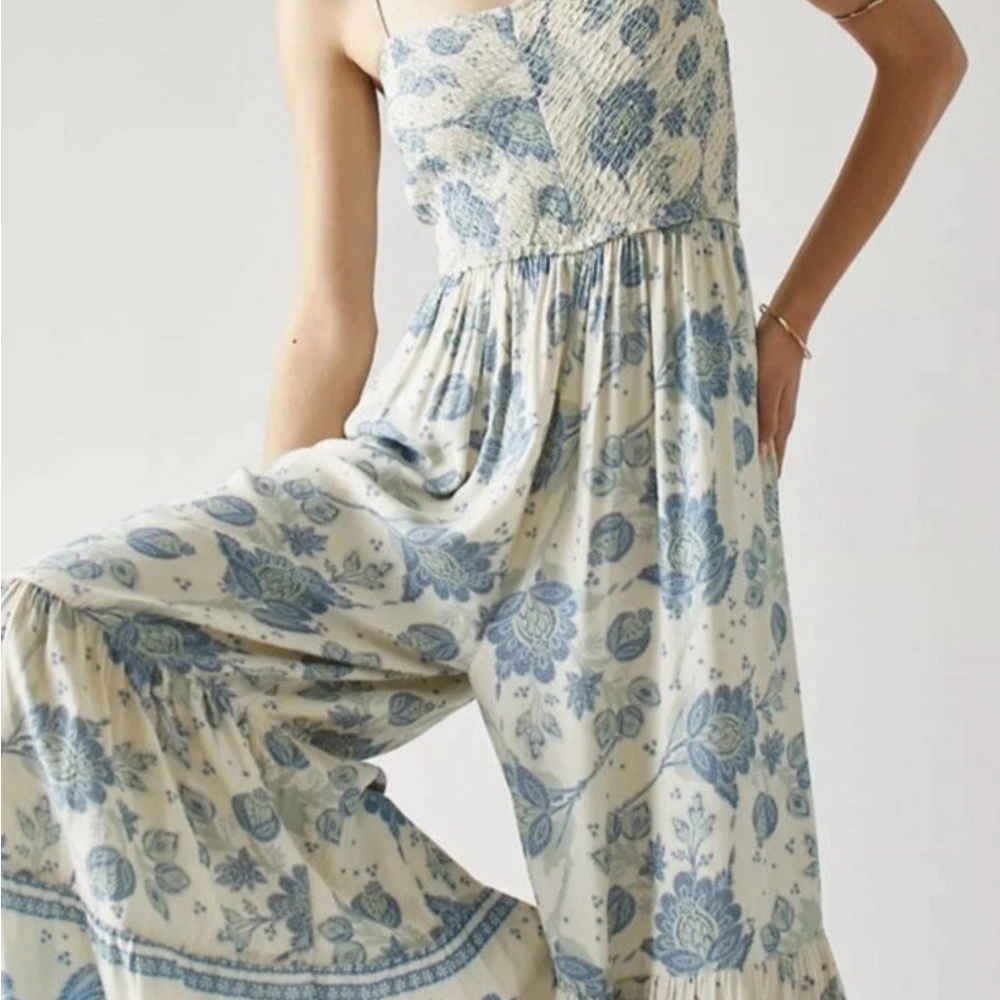 Free People Blue and Cream Floral Jumpsuit
